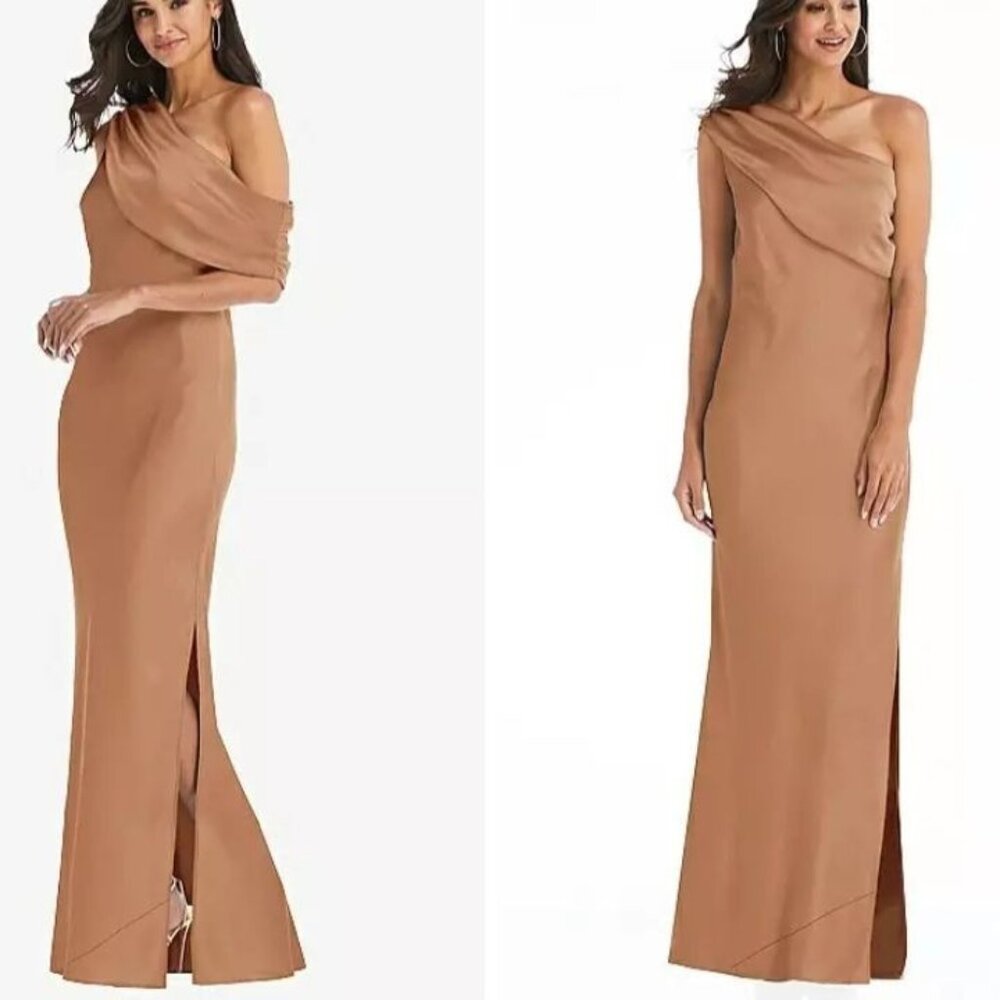 NEW Social Bridesmaids Draped One-Shoulder Convertible Maxi Dress Toffee‎ XL
